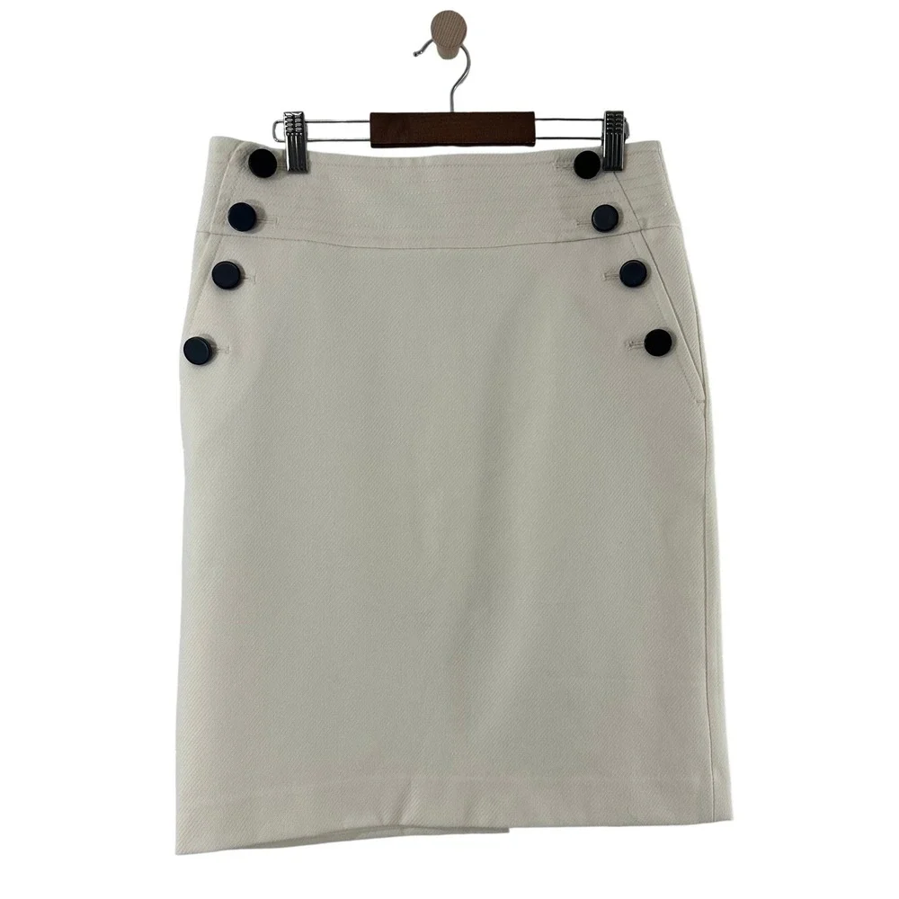 Ann Taylor LOFT Cream Sailor Pencil Skirt Size 6 Button Accent Textured Lined‎